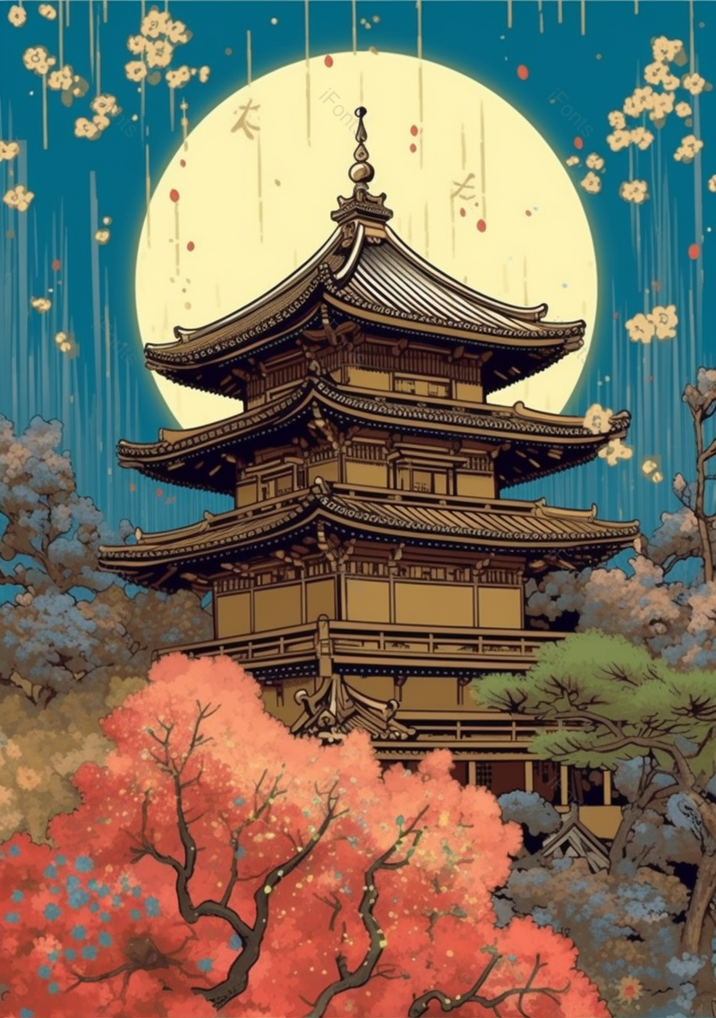 亭台楼阁月亮下的美景,插画/手绘图,插画/手绘图库,插画/手绘图下载,插画/手绘